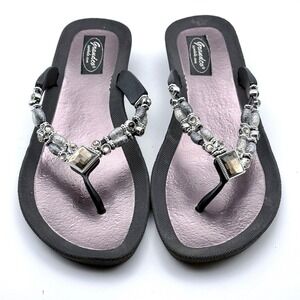 Grandco Womens Beaded Wedge Flip Flop Sandals Black Purple Gemstone Size 9